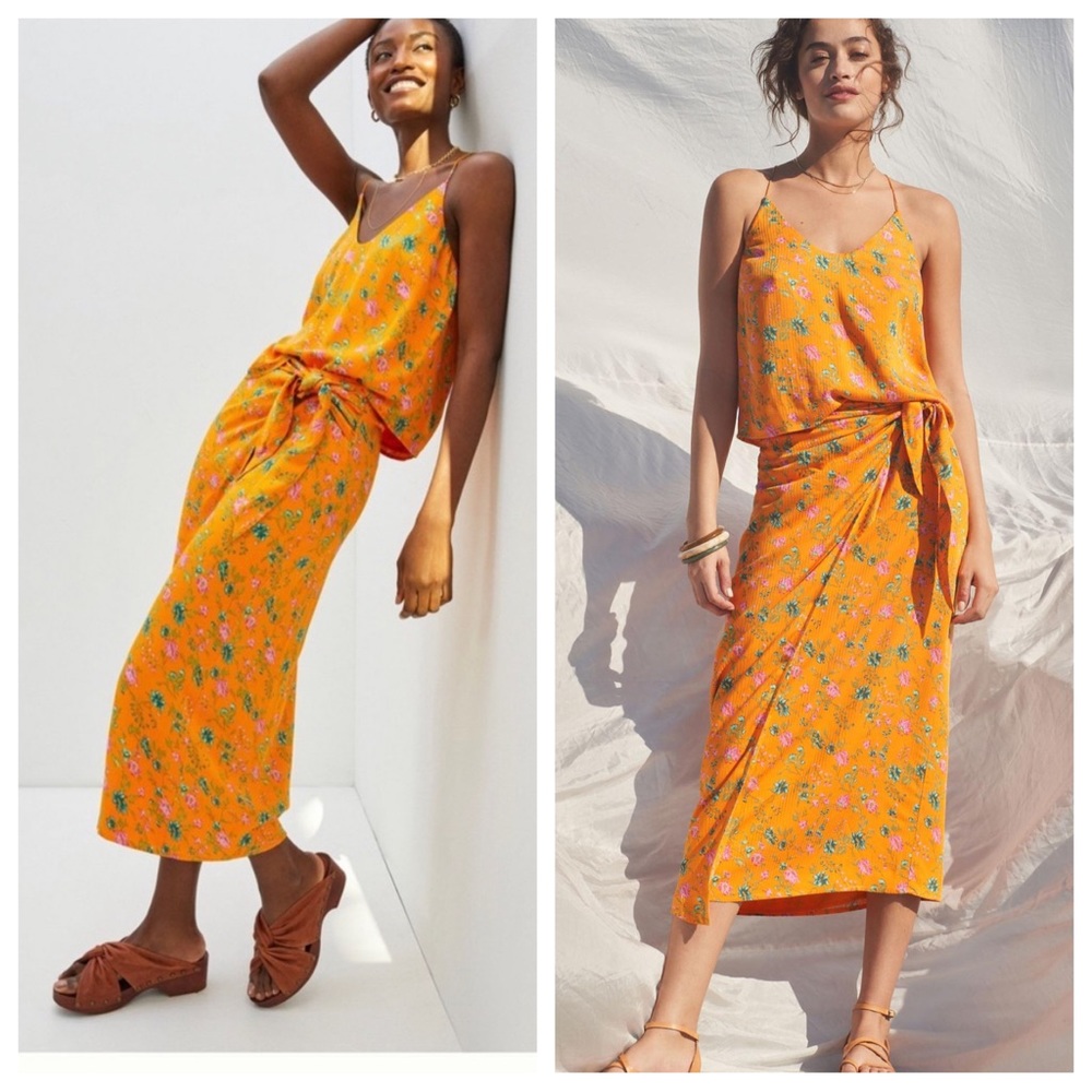 Anthropologie Sabia Set Wrap Midi Skirt & Top *SET* Maize Yellow Floral SZ 12